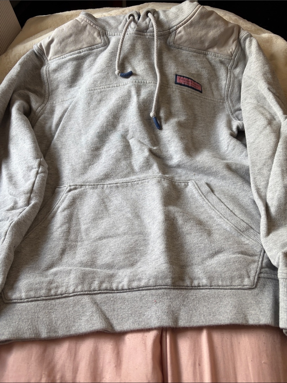 Vineyard Vines Light Gray Hoodie with Navy Drawstring Tips